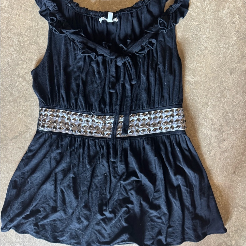 Elegant Black Ruffled Blouse with Tie Front and Embellishments